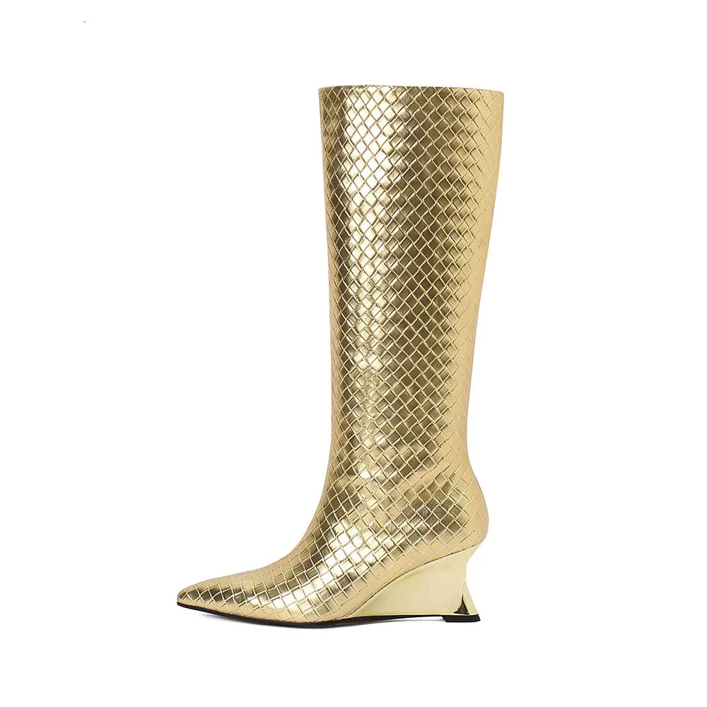 LBSFY  -  Metal Cowhide Woven Wedge Heel Knee High Boots with Pointed Splicing Sleeves, High Heels, Elegant Fashion Boots