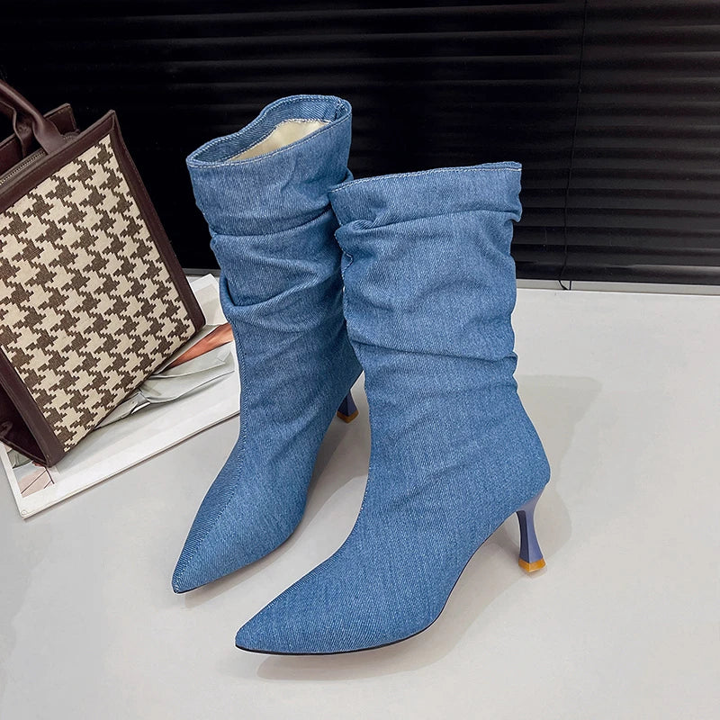 LBSFY -New Women's Winter Blue Pleated Denim Mid-calf Boots High Kitten Heels Sexy Party Club Pointed Toe Slip-on Slouch Half Boots