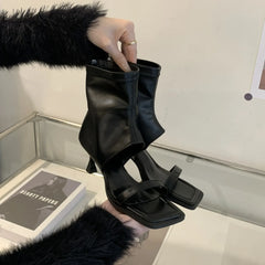 LBSFY -New 2025 Women's Fashion Short Open-Toe Ankle Boots Thin Heel Medium Height PU Leather round Toe Rubber Outsole Leisure Style