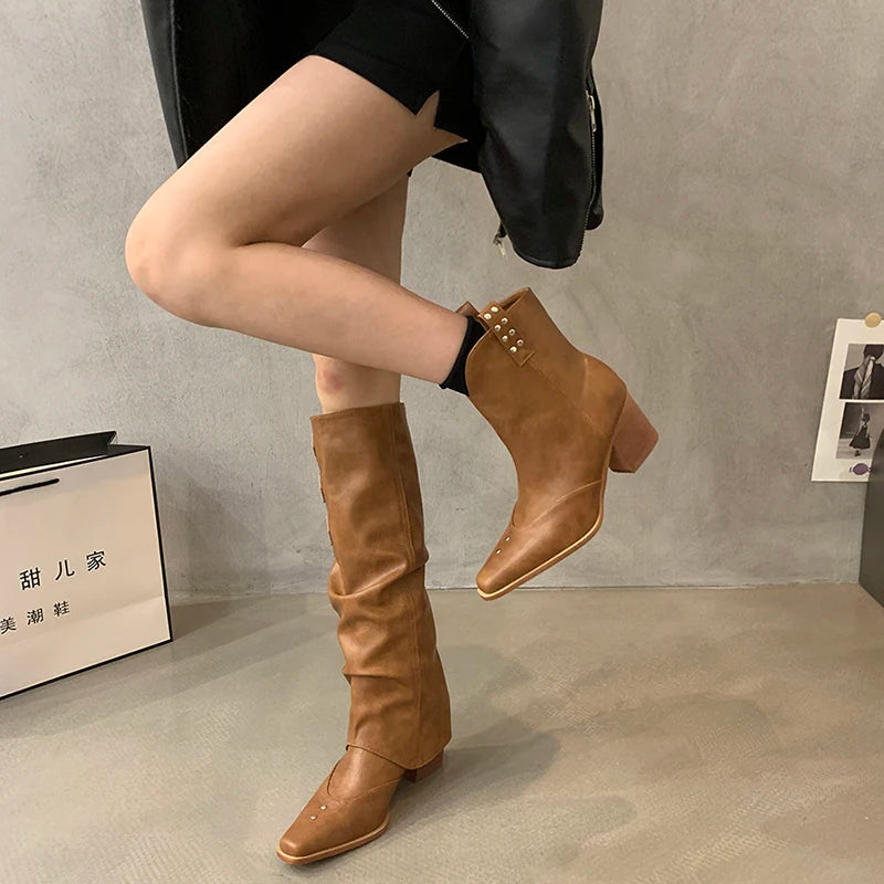 LBSFY  -  Designer Autumn Cowboy Boots For Women Fashion Slip On Long Knight Boots Female Square High Heel 2024 Winter Footwear