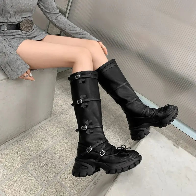 LBSFY  -  2024 New Genuine Leather Boots Women Buckle Platform Knee High Boots Autumn Winter Women's Motorcycle Boots