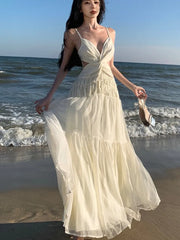 LBSFY -Women Beige Sexy Club Backless Pleated Slip Dress Summer Elegant V-neck Slim Lace Up Sleeveless Evening Party Fairy Long Dresses
