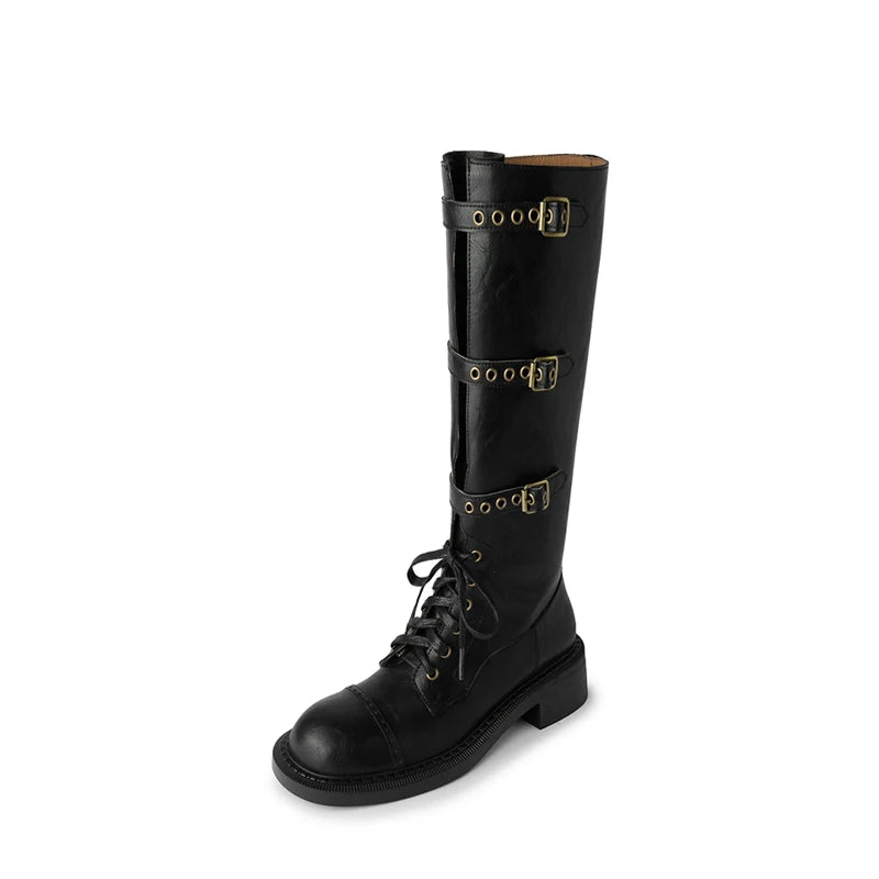 LBSFY  -  2025 New Genuine Leather Boots Women Buckle Autumn Winter Knee High Boots Ladies Motorcycle Boots Size 34-40