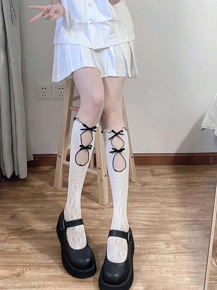 Lbsfy 1 Pair Hollow Lace Women Long Stockings Fashionable Versatile Knotted White Lolita Style Comfortable Breathable Casual Socks