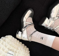 LBSFY -Ladies' Elegant  2025 Spring Style Women's Fashion One Line Buckle with Shallow Mouth Silver Mary Jane Single Shoes Square Heels
