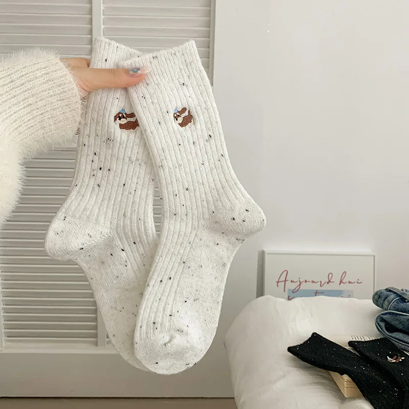 Lbsfy 2 Pairs Wool Women Socks Style Trendy Embroidery Socks Cartoon Long Style Simple Kawaii Cute Socks Dogs Breathable Comfy