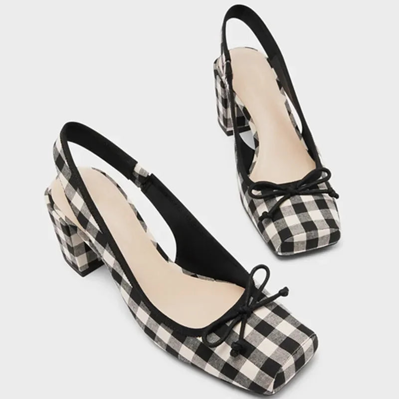 LBSFY  -  New DesignWomen Chunky Heeled Sandals Retro SquareToe Mary JanesPumpsSlingbacks Spring Summer High Heels Baotou Plaid Shoes