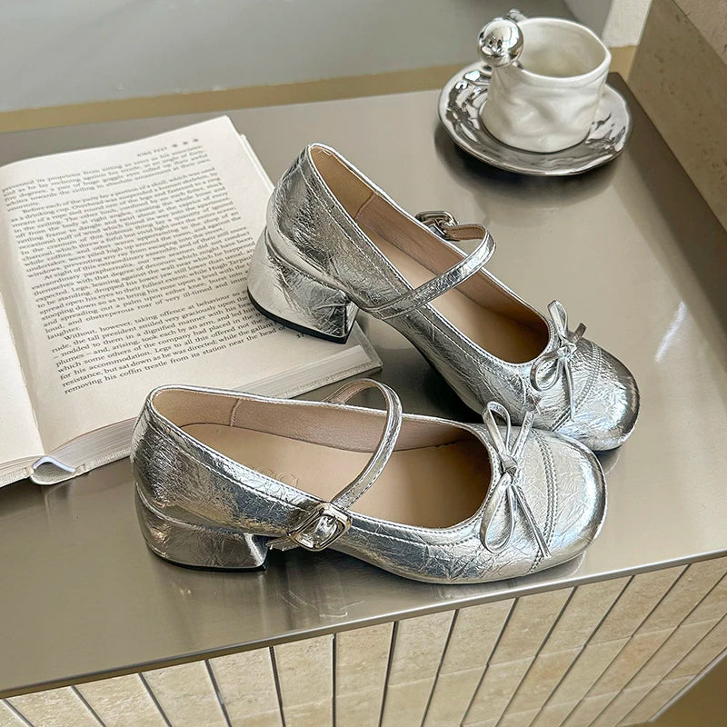 LBSFY -Ballet Style Butterfly-knot Mary Jane Shoes for Women Concise Dress Thick Heel Ladies Footwear