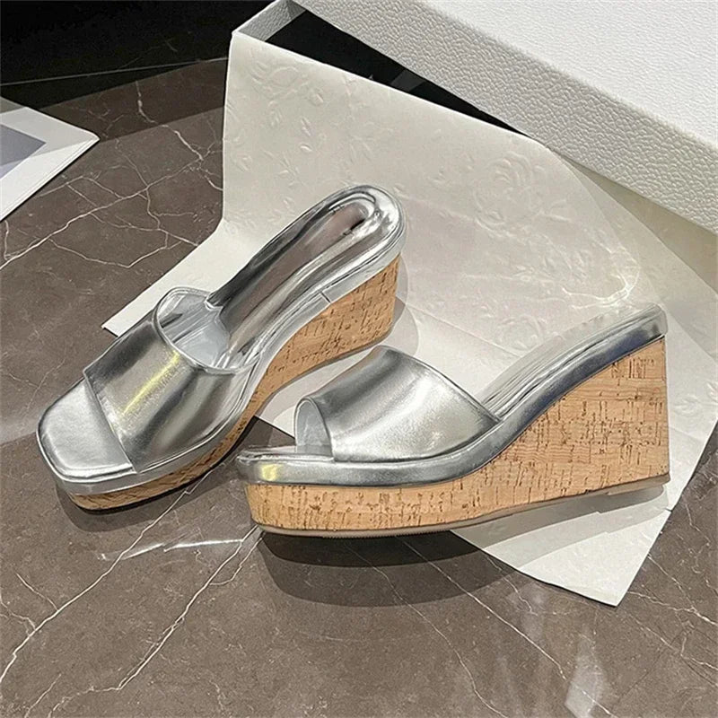 LBSFY -Summer Fashion Concise Square Toe Platform Wedge Heels Slippers Woman Female Sandals Slide Shoes Zapatos De Mujer