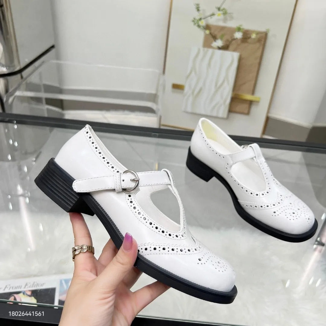 LBSFY  -  Thick Soled French Mary Jane Shoes for Women with T-Shaped Buckle Strap Thick Custom Shoes Carved Internet Red Leather Shoes