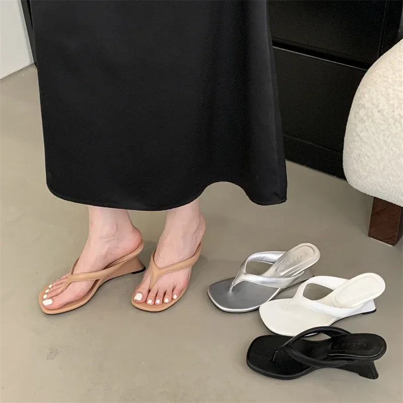 LBSFY -Fashion Square Clip Toe Platform Wedges Women Slippers 2025 Summer High Heels Flip Flops Ladies Shoes