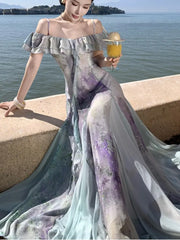 LBSFY -Summer Print Fairy Slash-Neck Ruffles Chiffon Long Dress Elegant French Romantic Princess Slim Waist Sling Dresses 2025 Robe