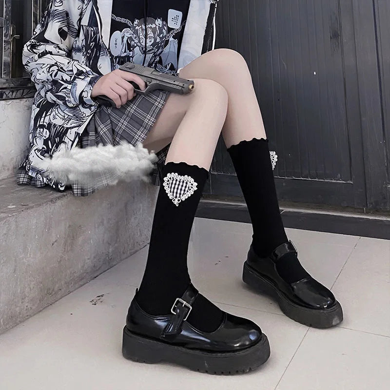 Lbsfy Socks Women Cotton Lolita Harajuku White Black Students Lovely Cute Kawaii Ruffle Calf Sock Love Female Grid Girls Gift Stocking