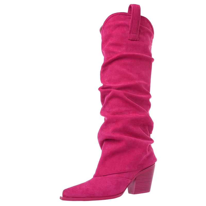 LBSFY  -  Large Size 34-43 New Faux Suede Knee High Boots Women Pointed Toe Block High Heels Pleated Fashion Boots Winter Shoes