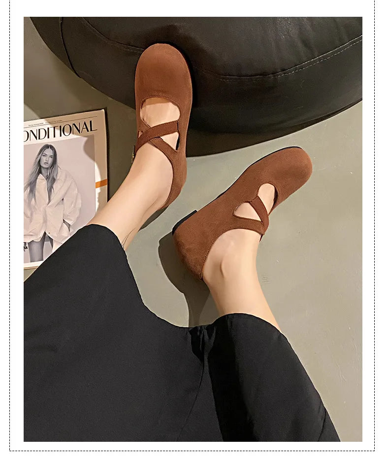 LBSFY -Retro Faux Suede Flat Internal Increase Women Dance Shoes 2025 Spring Autumn New French Casual Commuting Mary Jane Shoes Woman