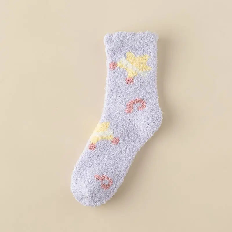 Lbsfy Socks Women Winter Warm Fluffy Fuzzy Cute Middle Tube Thick Thermal Soft Coral Fleece Floor Sleep Cartoon Star Short Crew Socks