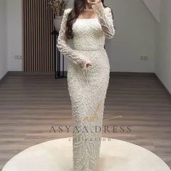 LBSFY  - Beading Pearls Wedding Dress Square Collar Long Sleeves vestidos de noche Rear Forks
