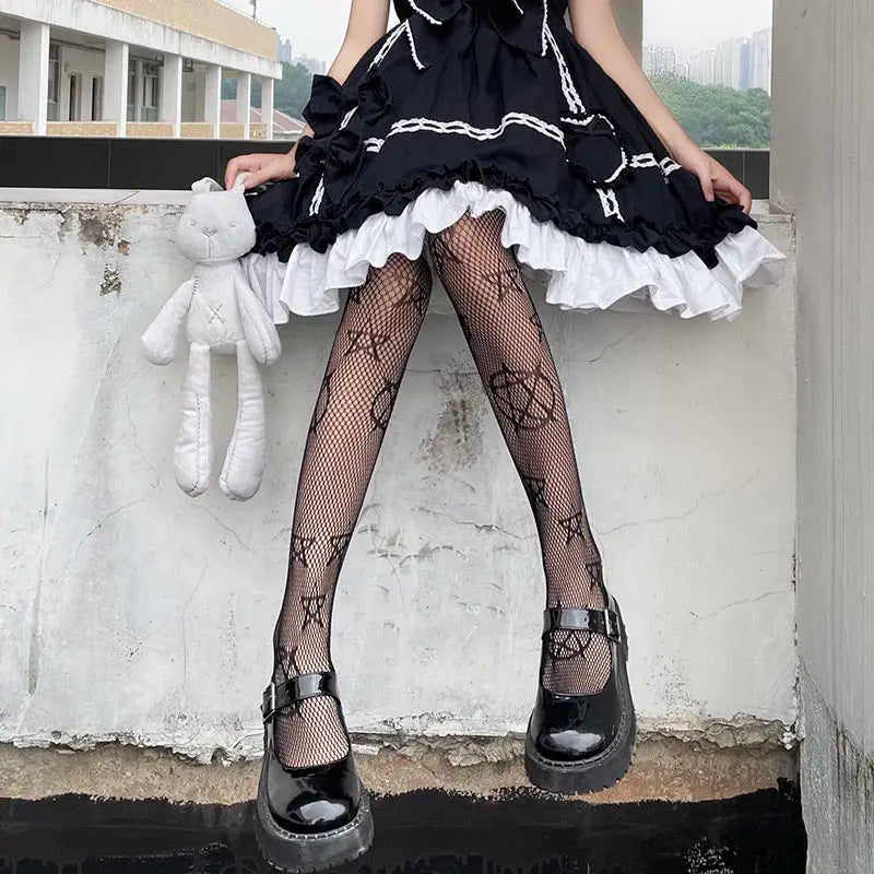 Lbsfy Lolita Girls Cute Pentacle Print Tights Women Sexy Gothic Punk Magical Five-Pointed Star Mesh Fish Net Pantyhose Body Stockings