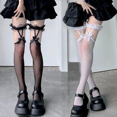 Lbsfy Sexy Sweet Over Knee Long Socks Women Girls Lolita Bowknot Thigh High Stockings Punk Lace Mesh Legging Hollow Fishnet Pantyhose