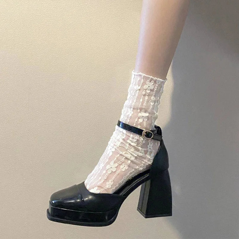 Lbsfy Summer Thin Girls Socks Lolita Solid Color Mid-calf Lace Casual Socks for Women Black White Mesh Middle Tube Floral Stockings