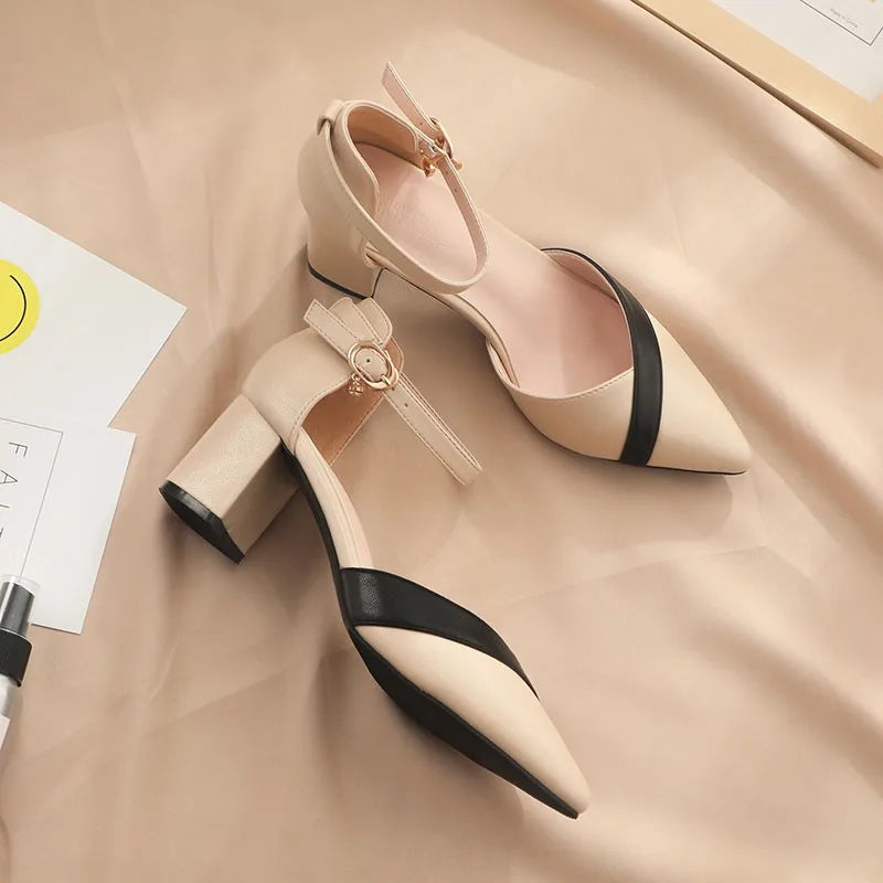 LBSFY -Women's Classic Beige Square Heel Pointed Shoes for Party Ladies Spring Summer Black Buckle PU Leather Profession Pumps