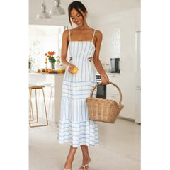 LBSFY -Summer New Women's Patchwork Striped Fashion Long Dress Square Collar Loose A-line Lace Up Vacation Beach Women Dresses 2025