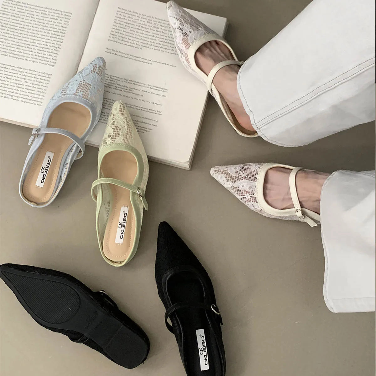 LBSFY -Fashion Hollow Out Lace Mesh Buckle Women Slippers Sandals Pointed Toe Thin Low Heels Slingback Mules Shoes Zapatos De Mujer