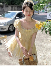 LBSFY -Y2K New Preppy Style Woman Mini Dress Sweet Yellow Lace Puff Sleeves Square-Collar A-Line Slim Waist Dresses French Elegant New