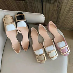LBSFY -New Women Sandals Metal Square Buckle Leather Thick Heel Square Toe Sandal Spring Casual Low Heel Back Strap Fashion Sandals