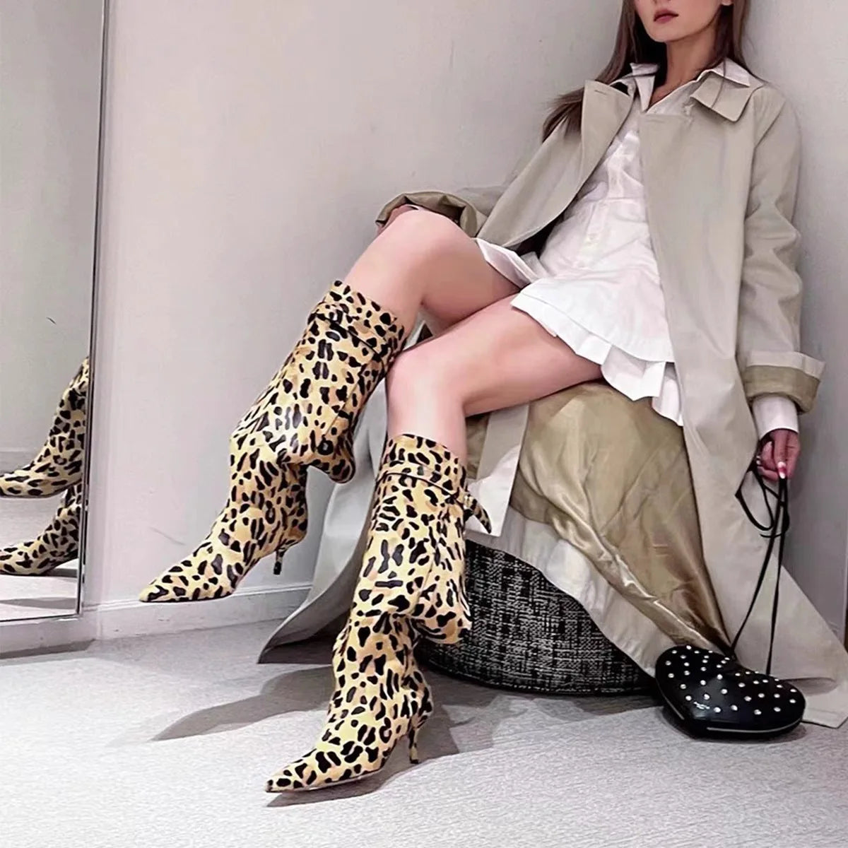 LBSFY  -  Thin Heel Soft Fur Leopard Print Long Boots, Knight Boots, Women's Autumn and Winter Retro Knee High Boots, Women's High Boots