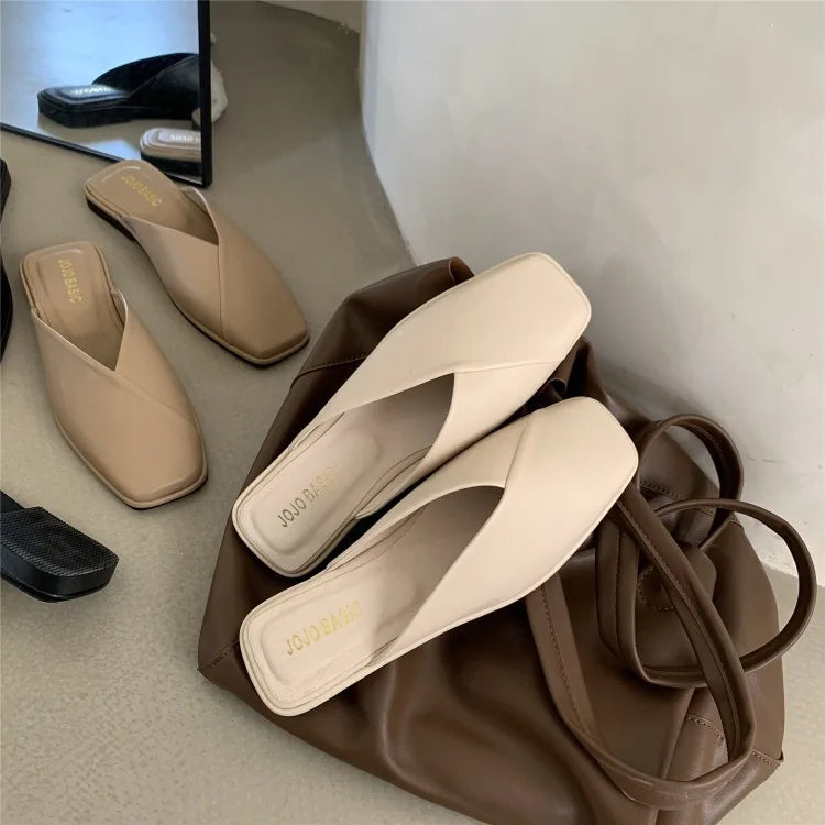 LBSFY -Flat Half Drag Slippers Square Toe Sandals 2025 Spring/Summer Outside Wear Casual Soft Bottom Mules Low Heel Sapatos Femininos