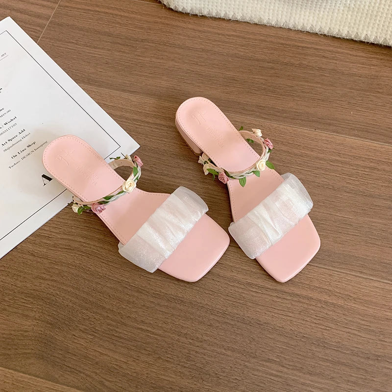 LBSFY  -Fashion Flower Decoration Women's Open Toe Slippers Comfort Outdoor Low Heel Slides Summer Casual Beach Dress Shoes