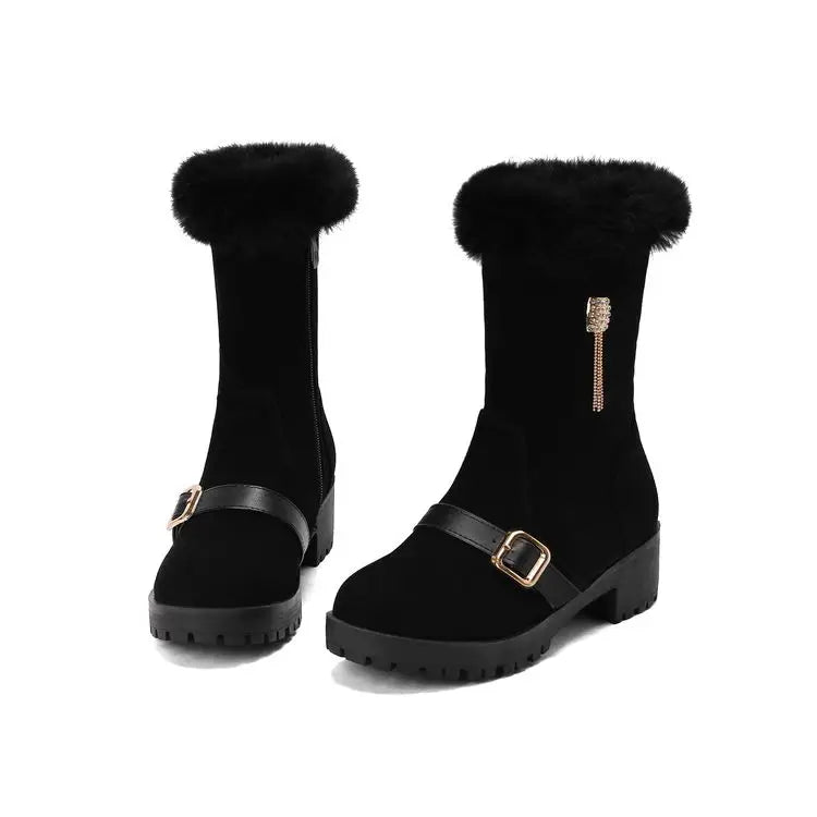 LBSFY  -  2024 New Round Headed Artificial Suede Short Plush Boots  Metal Buckles Decorative Side Zippers Winter Women's Ankle Boots 35-43