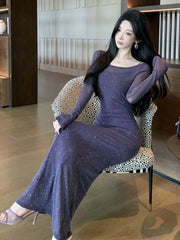 LBSFY -Women's Dress Suits Slash Neck Off Shoulder Spaghetti Straps Party Dresses +  Long Sleeve Bright Silk Mesh Smock Two Pieces Set