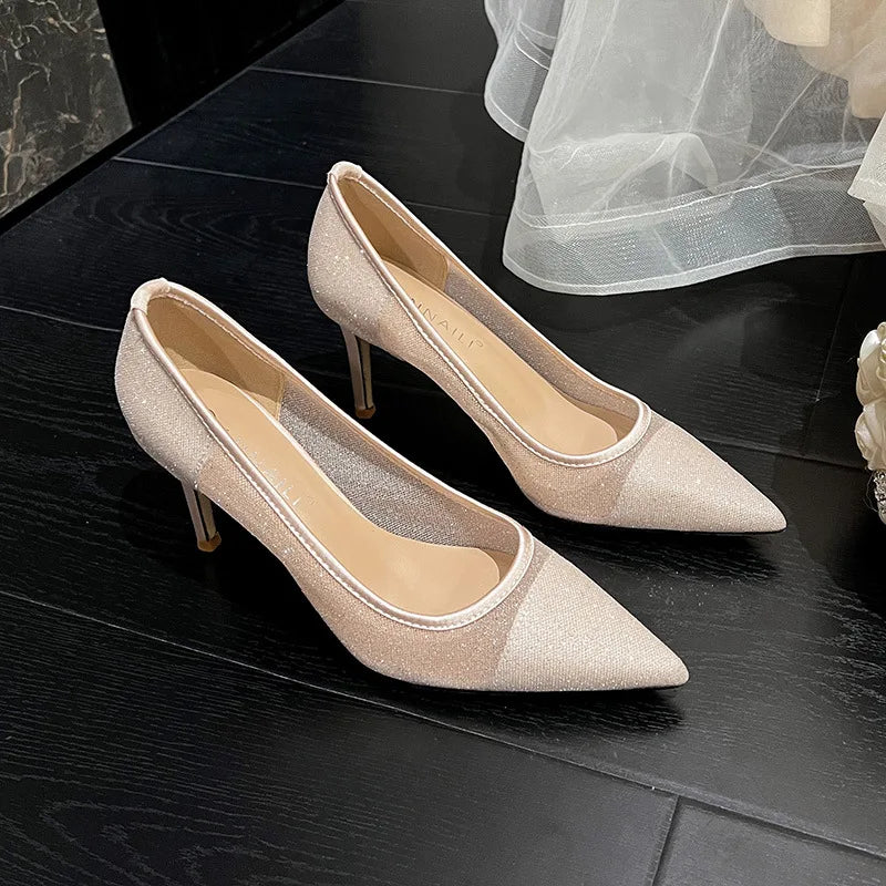 LBSFY  -  Mesh pointed high heels for women's new sexy lace white wedding shoes, banquet dress, champagne color bridesmaid shoes