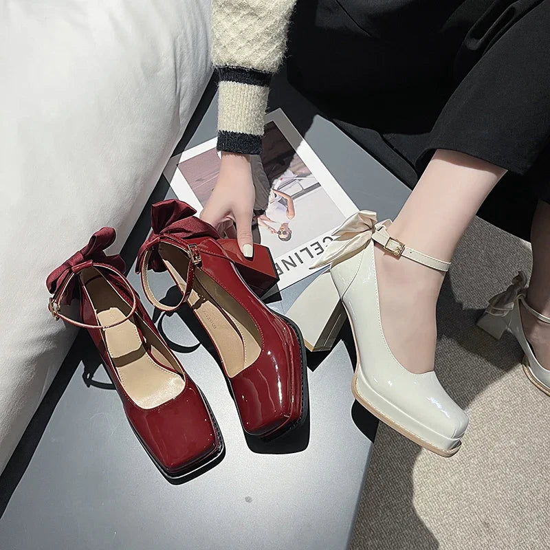 LBSFY  -  Square Toe Bow Mary Janes Shoes Women High Heels Lolita Shoes New Spring 2024 Pumps Fashion Party Zapatos Elegant Female Chunky