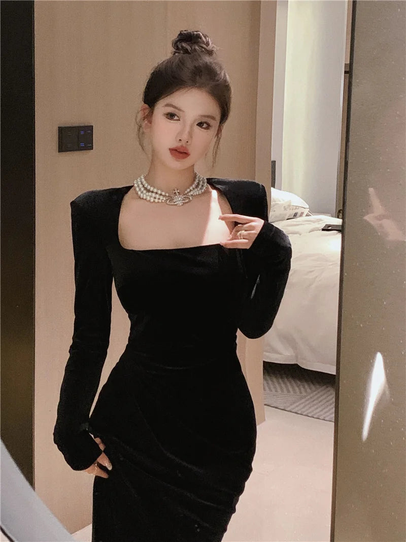 LBSFY -Elegant Solid Velvet Mermaid Dress for Women Vintage Chic Square Collar Bodycon Evening Party Dresses Female Slim Vestidos Mujer