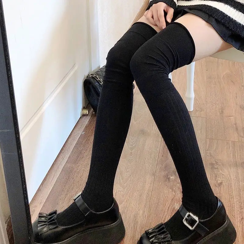 Lbsfy Socks Woman Winter Thick Solid Color Lolita Cute JK Thigh High Stockings Black White Long Socks for Women Fashion Medias