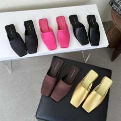 LBSFY  -  Square Toe Mules Slippers Women 2024 Spring New Golden Fashion Slip On Shoes Ladies OL Flat Heel Outdoor Sandal Slides Mujer