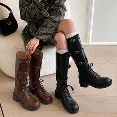 LBSFY  -  2025 New Genuine Leather Boots Women Buckle Autumn Winter Knee High Boots Ladies Motorcycle Boots Size 34-40