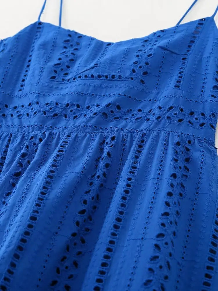 LBSFY -Fashion Hollow Out Embroider Spaghetti Strap Long Dress Blue Vaation Beach Casual Women Dress Loose Female Summer Vestidos