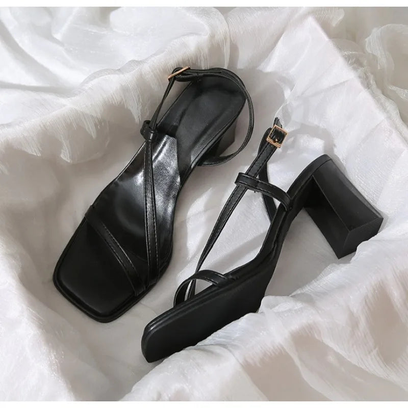 LBSFY -Women Sandals Ladies Square Heels Elegant Summer Slippers Outside Cross Tied Leather Female Slides 2025 Fashion Woman Sandals