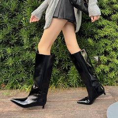 LBSFY  -  Ins Hot Genuine Leather Boots Women Mid Heels Pointed Toe Knee High Boots Slip On Fashion Long Boots Ladies Office Shoe