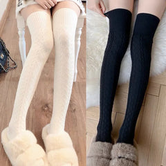 Lbsfy Wool Socks Woman Autumn/Winter Solid Color Thigh High Medias Lolita Thick Warm Stockings Black White Long Leg Socks for Female