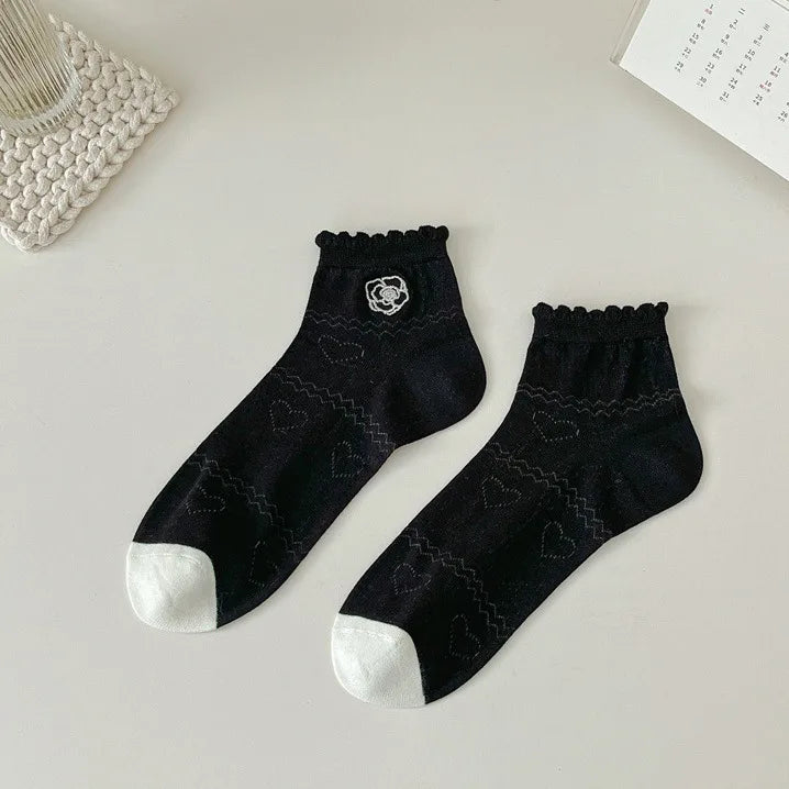 Lbsfy Women's Ankle Socks Spring Summer Black White Fashion Cute Kawaii Lolita Thin Cotton Mesh Breathable Low Tube Socks Calcetines