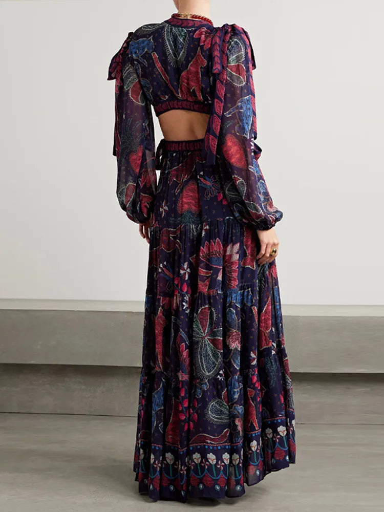 LBSFY  -  Fashion Flower Printed Deep V-neck Women's Dress Elegant Puff Sleeves Lace Up Hollow Out Waist Vestidos New Female Holiday Robes