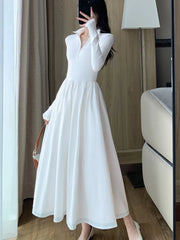 LBSFY -Vintage Elegant Solid Knitted Midi Dresses Women Korean Casual Long Sleeve Slim A-Line Black Birthday Party Robe Autumn Clothing