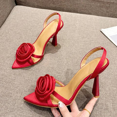 LBSFY  -Summer Fashion Silk Rose Flowers Pointed Open Toe Back Strap Sandals Women Red High Heels Wedding Prom Shoes Zapatos Mujer