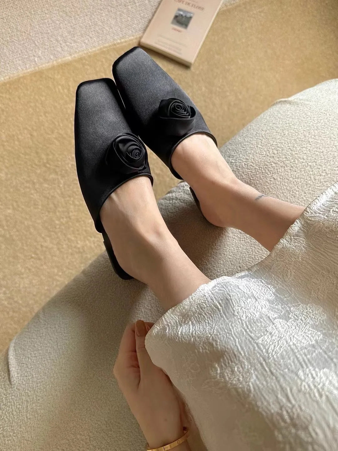 LBSFY  -  Square Toe Women Slippers Black Beige Flower Design Summer Outside Mules Shoes 2025 New Flat Low Heeled Casual Work Shoes Woman