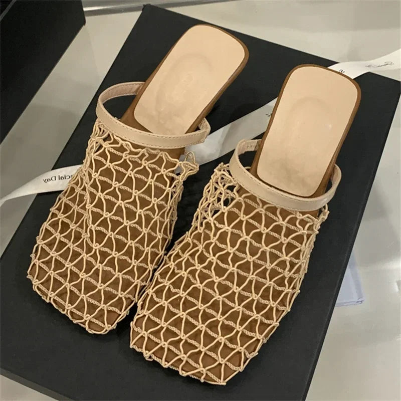 LBSFY -Design Breathable Mesh Slippers Woman Pumps Elegant Square Toe Strange Low Heels Party Ladies Slide Mule Shoes